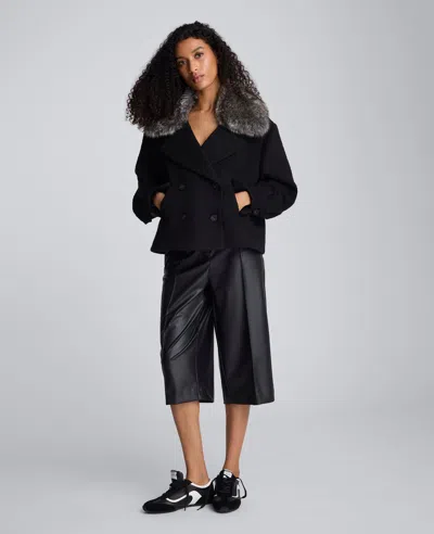 Kenneth Cole Brushed Wool Removeable Faux Fur Collar Cropped Peacoat In Black