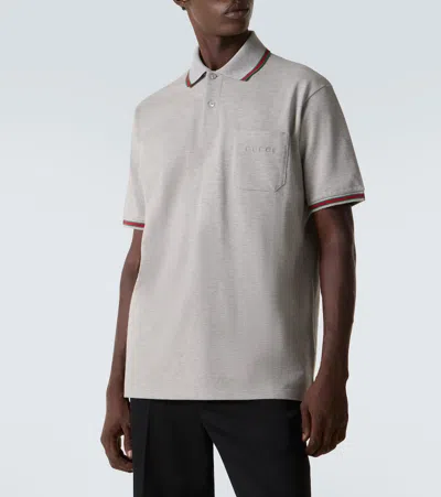 Gucci Grey Polo Shirt With Web Details And Logo Lettering On The Front In Wool Blend Man In Gray