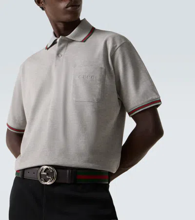Gucci Grey Polo Shirt With Web Details And Logo Lettering On The Front In Wool Blend Man In Gray