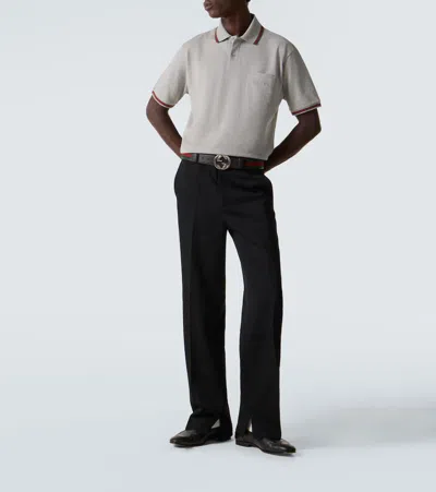 Gucci Grey Polo Shirt With Web Details And Logo Lettering On The Front In Wool Blend Man In Gray