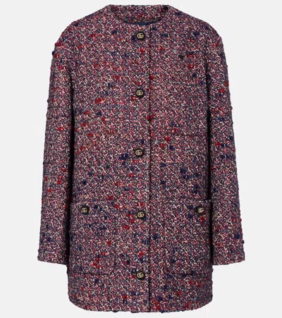 Gucci Multicolor Crewneck Jacket With Gg Logo On The Buttons In Wool Blend Woman In Purple