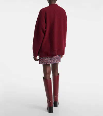 Gucci Women Bordeaux V-neck Cardigan With Metal Clamps On The Front In Wool And Cashmere Blend Woman In Burgundy