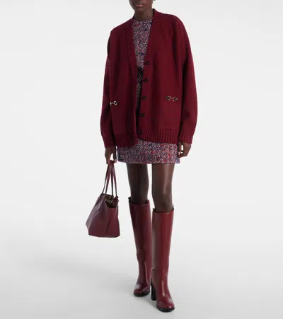 Gucci Women Bordeaux V-neck Cardigan With Metal Clamps On The Front In Wool And Cashmere Blend Woman In Burgundy