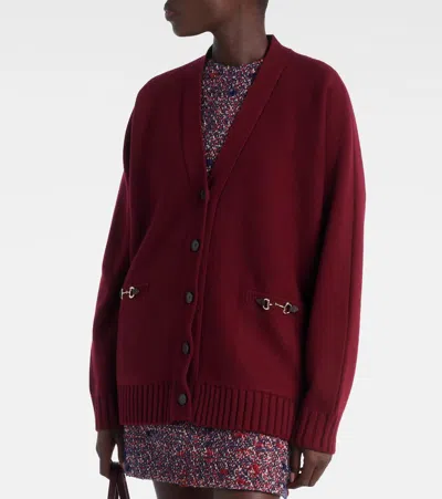 Gucci Women Bordeaux V-neck Cardigan With Metal Clamps On The Front In Wool And Cashmere Blend Woman In Burgundy
