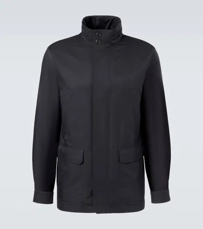 Zegna Wool Jacket With High Collar And Pockets In Blue