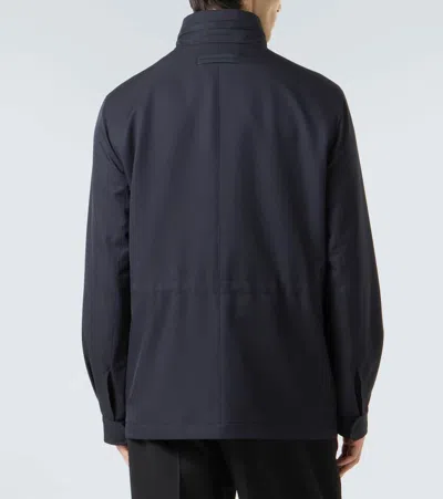 Zegna Wool Jacket With High Collar And Pockets In Blue