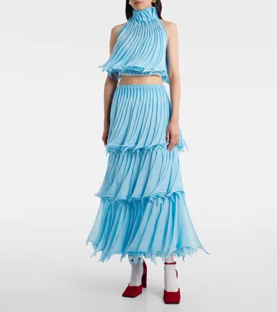 Alaïa Multi-layered Pleated Knit Midi Skirt In Blue