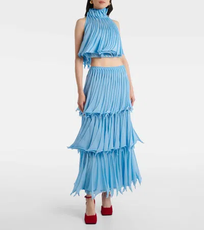 Alaïa Multi-layered Pleated Knit Midi Skirt In Blue
