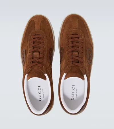 Gucci Suede Sneakers With Rounded Toe And Rubber Sole In Brown
