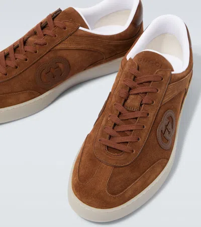 Gucci Suede Sneakers With Rounded Toe And Rubber Sole In Brown