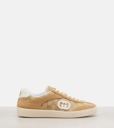 Gucci Beige G75 Sneaker In Suede And Gg Fabric Women In Brown