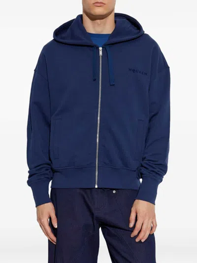 Alexander Mcqueen Full-zip Hooded Sweatshirt With Embroidered Detailing In Blue