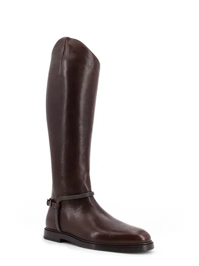 Brunello Cucinelli Classic Leather Boot With Precious Spurs In Brown