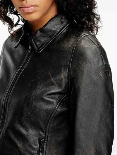 Diesel Distressed Leather Jacket In Black