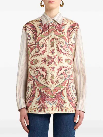 Etro Camicia Over In Cotone A Righe Con Stampa In Multi