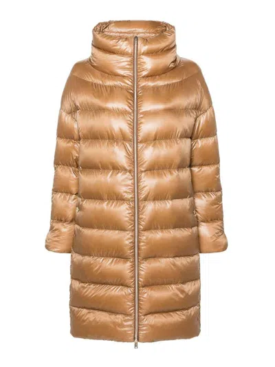Herno Lightweight Camel Down Jacket With Double-slider Closure In Brown