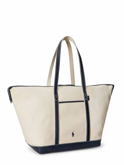 Polo Ralph Lauren Large Leather-trimmed Cotton-blend Canvas Tote In Sand