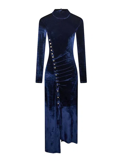 Rabanne Asymmetric Ruched Embellished Velvet Turtleneck Dress In Blue