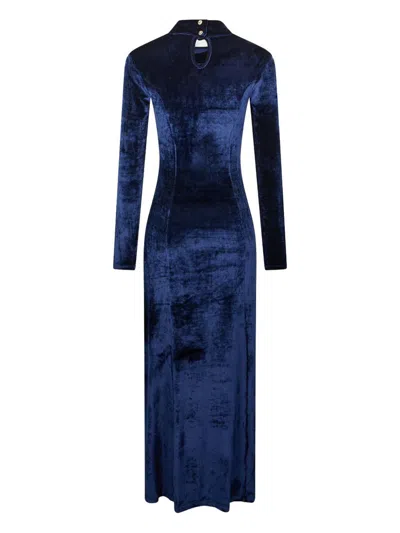 Rabanne Asymmetric Ruched Embellished Velvet Turtleneck Dress In Blue
