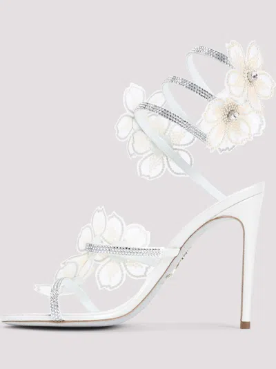 René Caovilla Leather Floral Embroidered Crystal Sandals In White
