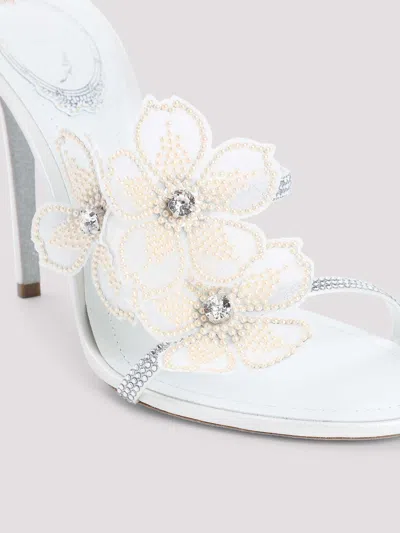 René Caovilla Leather Floral Embroidered Crystal Sandals In White