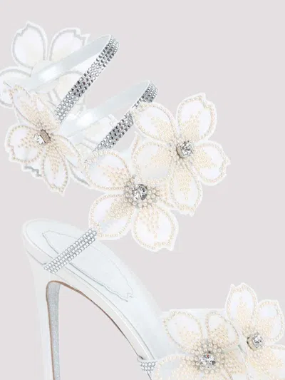 René Caovilla Leather Floral Embroidered Crystal Sandals In White