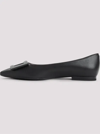 Roger Vivier Pointed Leather Buckle Ballerina Flats In Black
