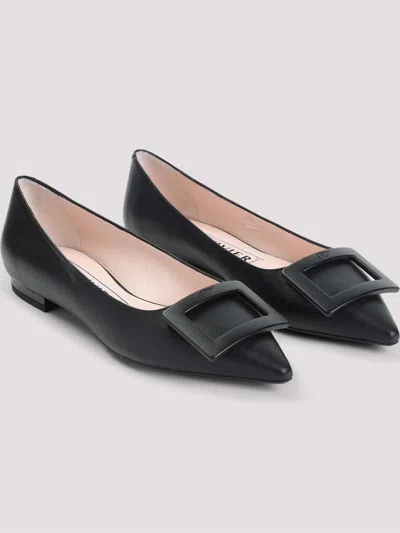 Roger Vivier Pointed Leather Buckle Ballerina Flats In Black