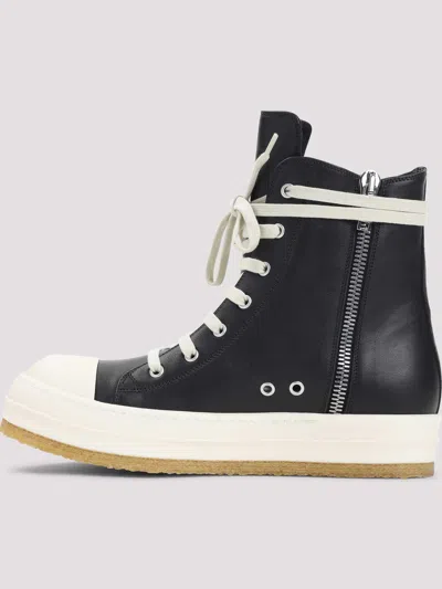 Rick Owens High-top Leather Sneakers With Rubber Toe Cap In Black