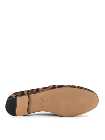 Tod's Brown Loafers With Logo Plaque On The Front And All-over Leopard Motif In Suede Woman In Brown