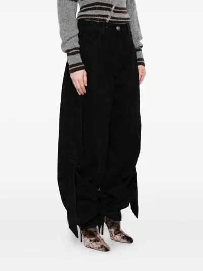 Attico Wide Leg Denim Trousers With Strap And Pockets In Black