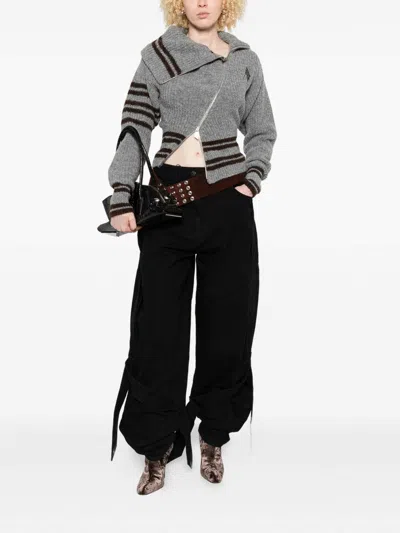 Attico Wide Leg Denim Trousers With Strap And Pockets In Black