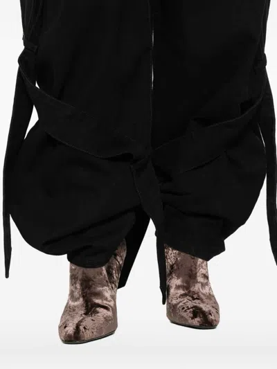 Attico Wide Leg Denim Trousers With Strap And Pockets In Black