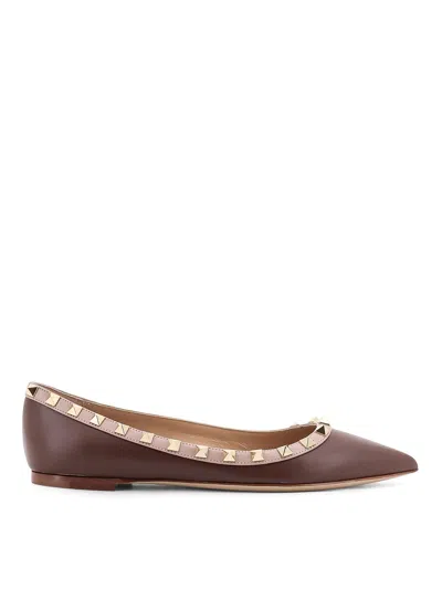 Valentino Garavani Studded Leather Ballerinas Pointed Toe In Brown