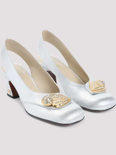 Valentino Garavani Block Heel Embellished Slingback Square Toe Pumps In White