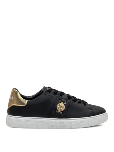 Versace Black Low Top Sneakers With Contrasting Heel With Logo Lettering And Medusa Plaque In Tech Fabric Ma In Black