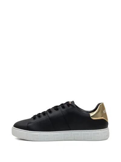Versace Black Low Top Sneakers With Contrasting Heel With Logo Lettering And Medusa Plaque In Tech Fabric Ma In Black