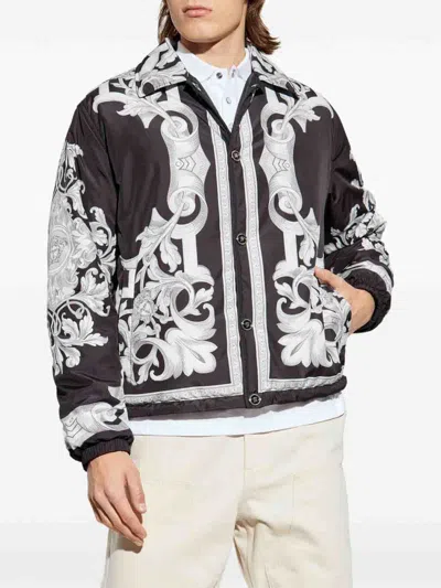Versace Printed Drawstring Hem Jacket In Silver