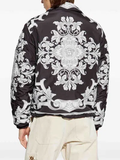Versace Printed Drawstring Hem Jacket In Silver