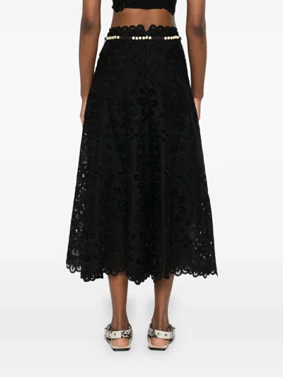 Zimmermann Flared Midi Skirt With Embroidered Openwork Design In Black