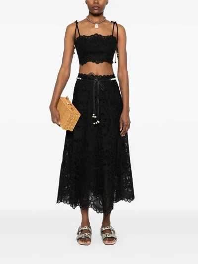 Zimmermann Flared Midi Skirt With Embroidered Openwork Design In Black