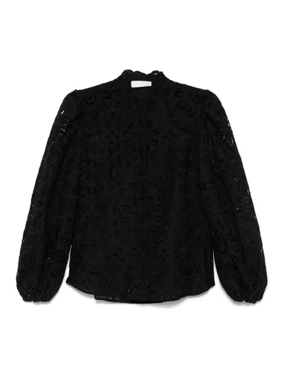 Zimmermann Rhiannon Guipure Lace Trim Cotton Shirt In Black