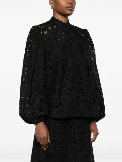 Zimmermann Rhiannon Guipure Lace Trim Cotton Shirt In Black
