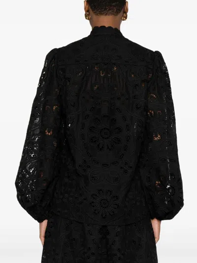 Zimmermann Rhiannon Guipure Lace Trim Cotton Shirt In Black