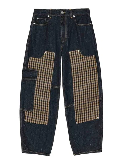 Ganni Checkered Patch Cargo Jeans In Blue