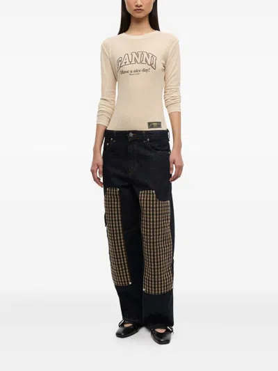 Ganni Checkered Patch Cargo Jeans In Blue
