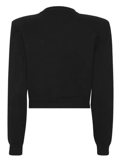 Rotate Birger Christensen Rotate Cropped Black Sweater With Padded Shoulders And Button Embellishments In Black