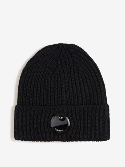 C.p. Company Blue Knit Beanie With Logo Plaque On The Front In Wool Man In Black