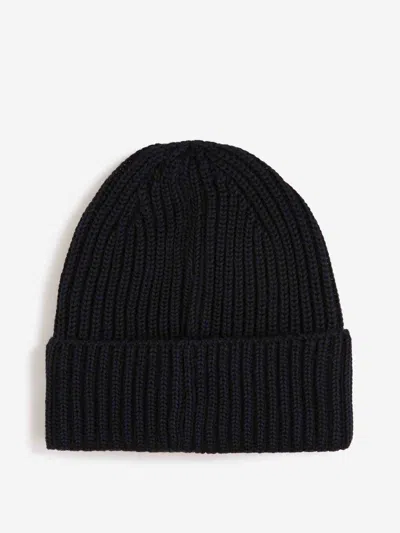 C.p. Company Blue Knit Beanie With Logo Plaque On The Front In Wool Man In Black