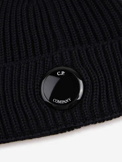 C.p. Company Blue Knit Beanie With Logo Plaque On The Front In Wool Man In Black